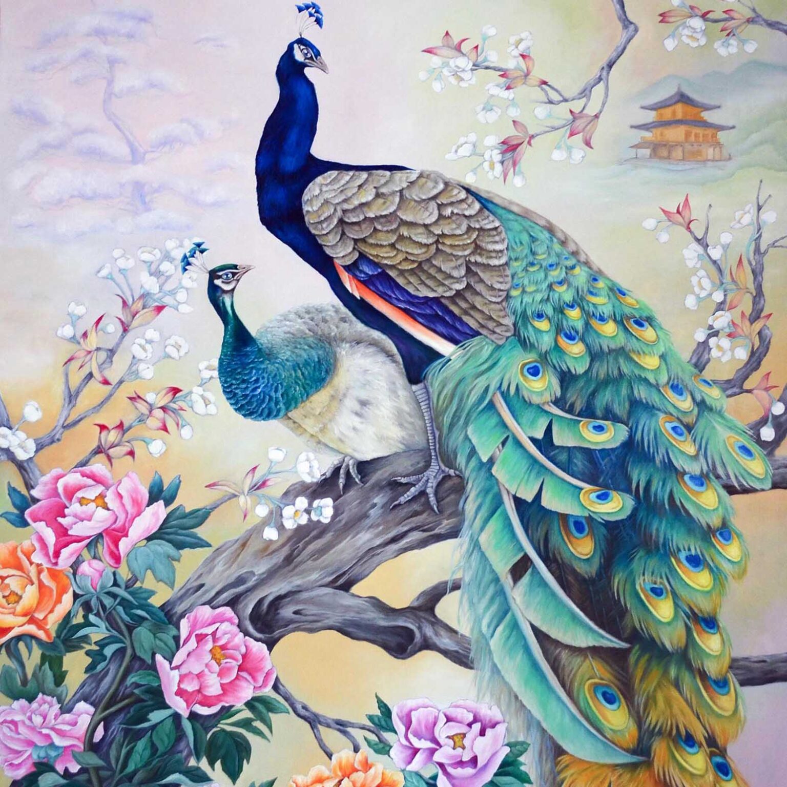 Peacocks and Peonies, Mural on canvas for a private residence, Oriental style